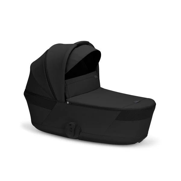 CYBEX Balios Fold Cot in Moon Black, front three-quarter view