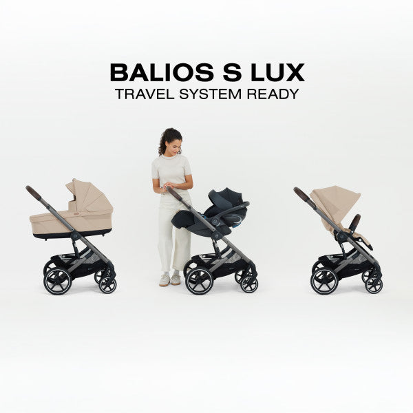 Cybex Balios S Lux Stroller travel-system graphic showing carry cot, stroller seat and infant car seat configurations