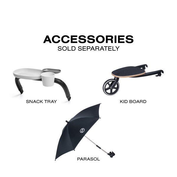 Cybex Balios S Lux Stroller accessories graphic showing snack tray, kid board and parasol sold separately