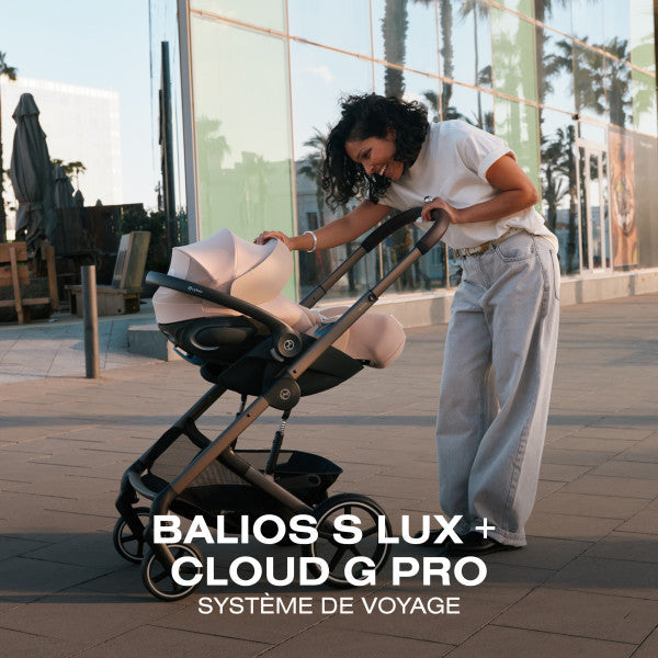 Cybex Balios S Lux Stroller in Almond Beige/Taupe Frame used with a Cloud G Pro infant car seat