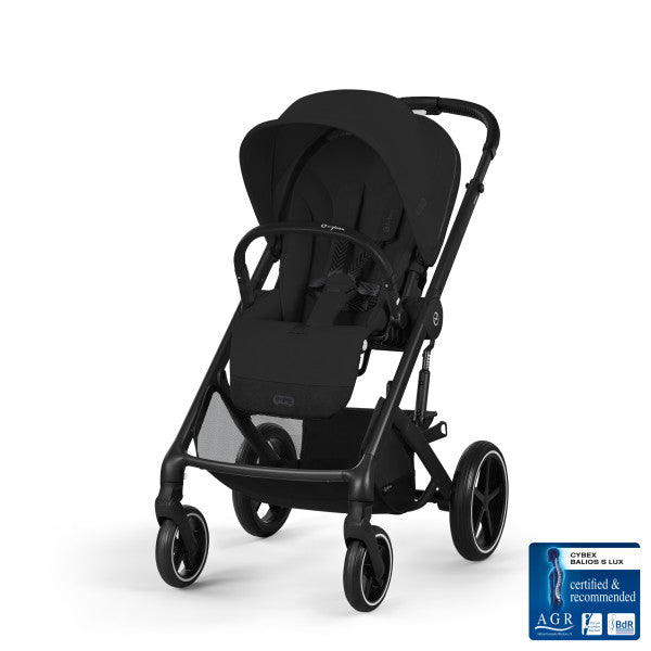 Cybex Balios S Lux Stroller in Moon Black/Black Frame, front three-quarter studio product view