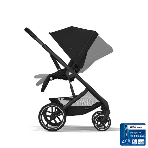 Cybex Balios S Lux Stroller in Moon Black/Black Frame, side profile with extended sun canopy and ventilation panel