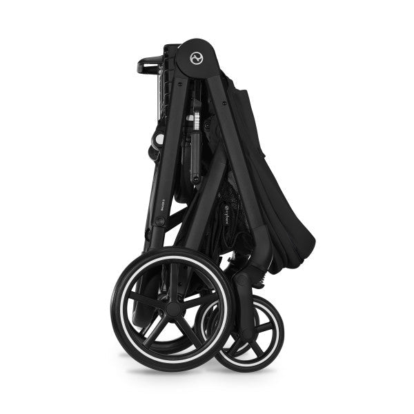 Cybex Balios S Lux Stroller in Moon Black/Black Frame, compact folded standing view