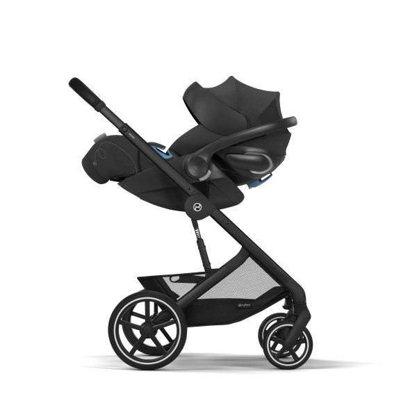 Cybex Balios S Lux Stroller in Moon Black/Black Frame with infant car seat attached as a travel system