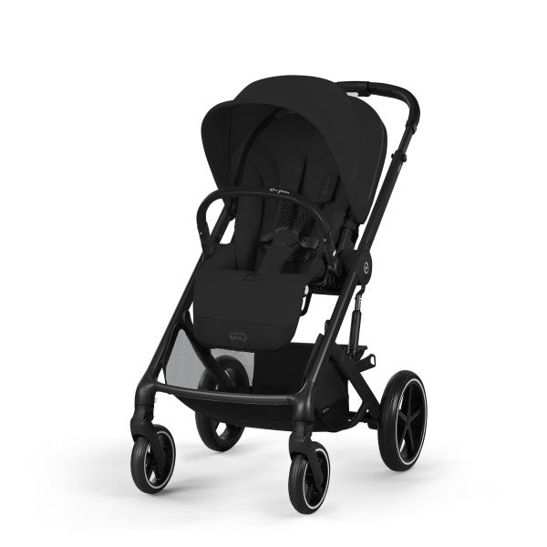 Cybex Balios S Lux Stroller in Moon Black/Black Frame, front three-quarter studio product view on white