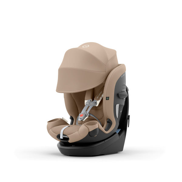 Cybex Callisto G 360 Rotating All-In-One Convertible Car Seat in Almond Beige with canopy, front three-quarter studio product view