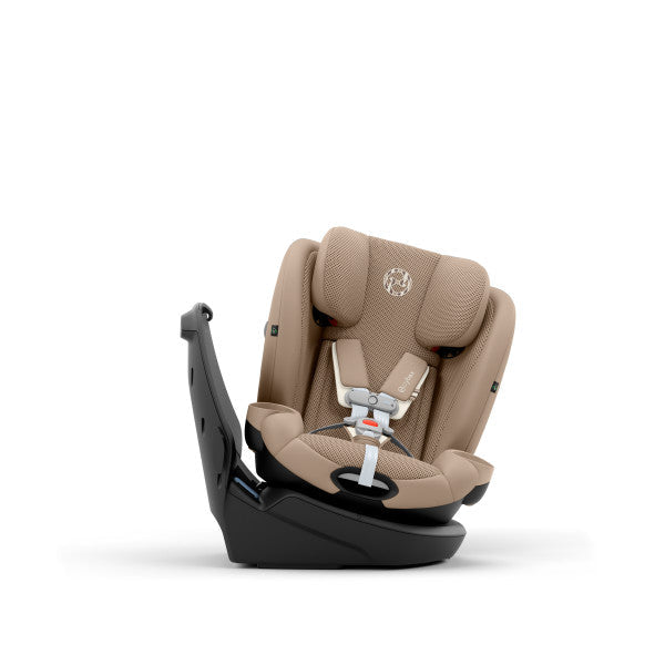 Cybex Callisto G 360 Rotating All-In-One Convertible Car Seat in Almond Beige high-back mode without canopy, front three-quarter view