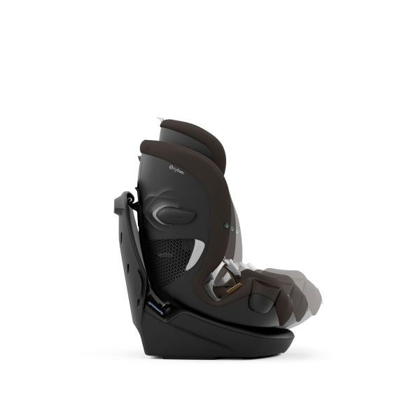 Cybex Callisto G 360 Rotating All-In-One Convertible Car Seat in Chocolate Brown booster configuration, side-profile studio view