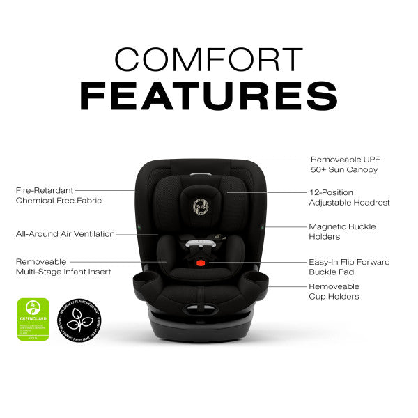 Close-up of the Cybex Callisto G 360 Rotating All-In-One Convertible Car Seat with removable upf 50+ sun canopy and adjustable headrest.