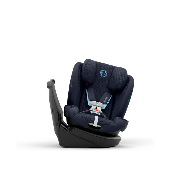 Close-up of the Cybex Callisto G 360 Rotating All-In-One Convertible Car Seat in navy blue with padded headrest.