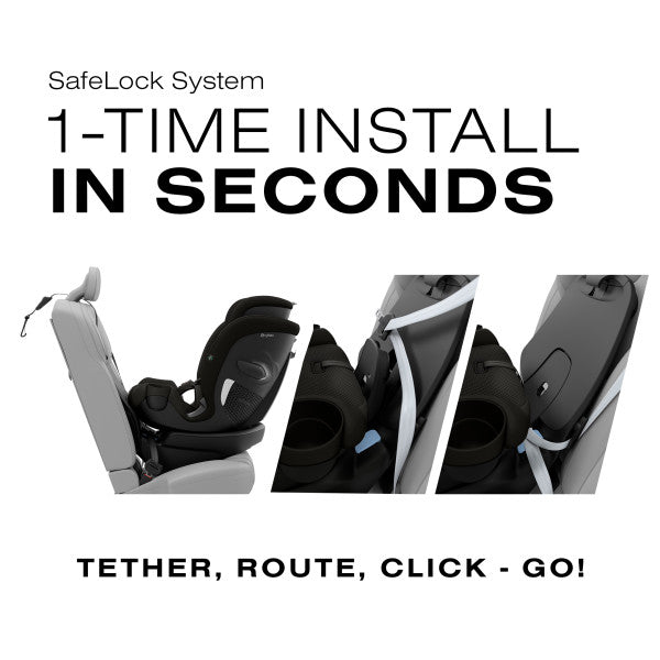 Cybex Callisto G 360 Rotating All-In-One Convertible Car Seat SafeLock one-time-install graphic showing tether, route and click steps