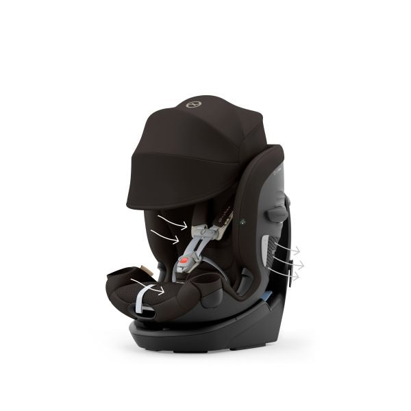 Cybex Callisto G 360 Rotating All-In-One Convertible Car Seat in Moon Black, front three-quarter view with airflow and adjustment callouts