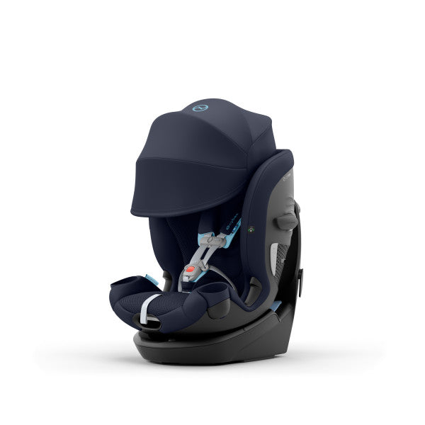 Cybex Callisto G 360 Rotating All-In-One Convertible Car Seat in Ocean Blue with canopy, front three-quarter studio product view