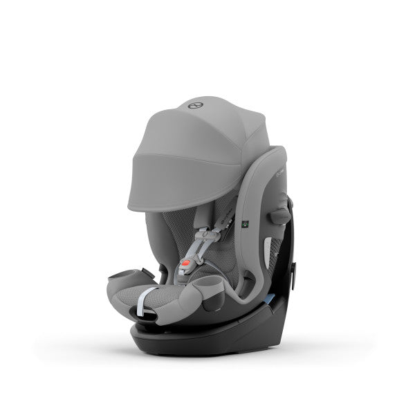 Cybex Callisto G 360 Rotating All-In-One Convertible Car Seat in Stone Grey with canopy, front three-quarter studio product view