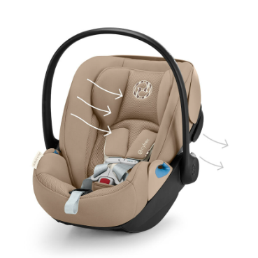 Cybex Cloud G Pro Infant Car Seat with SensorSafe and Load Leg Base in Almond Beige, front three-quarter studio product view