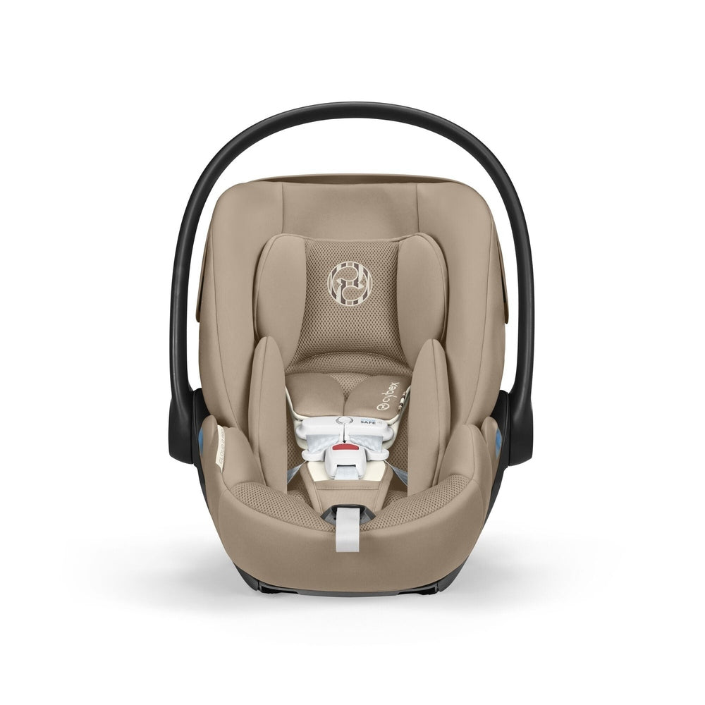 Cybex Cloud G Pro Infant Car Seat with SensorSafe and Load Leg Base in Almond Beige, straight-on front studio product view