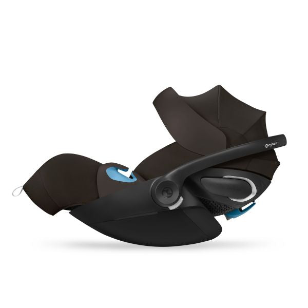 Cybex Cloud G Pro Infant Car Seat with SensorSafe and Load Leg Base in Chocolate Brown, fully reclined side-profile product view