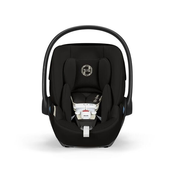 Cybex Cloud G Pro Infant Car Seat with SensorSafe and Load Leg Base in Moon Black, straight-on front studio product view