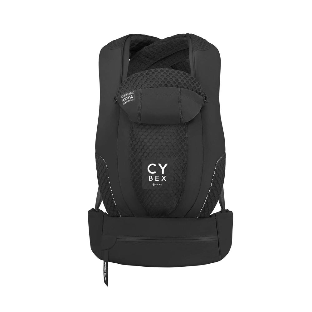 Close-up of the Cybex Coya Carrier in black with mesh back panel, padded head support, cybex brand.