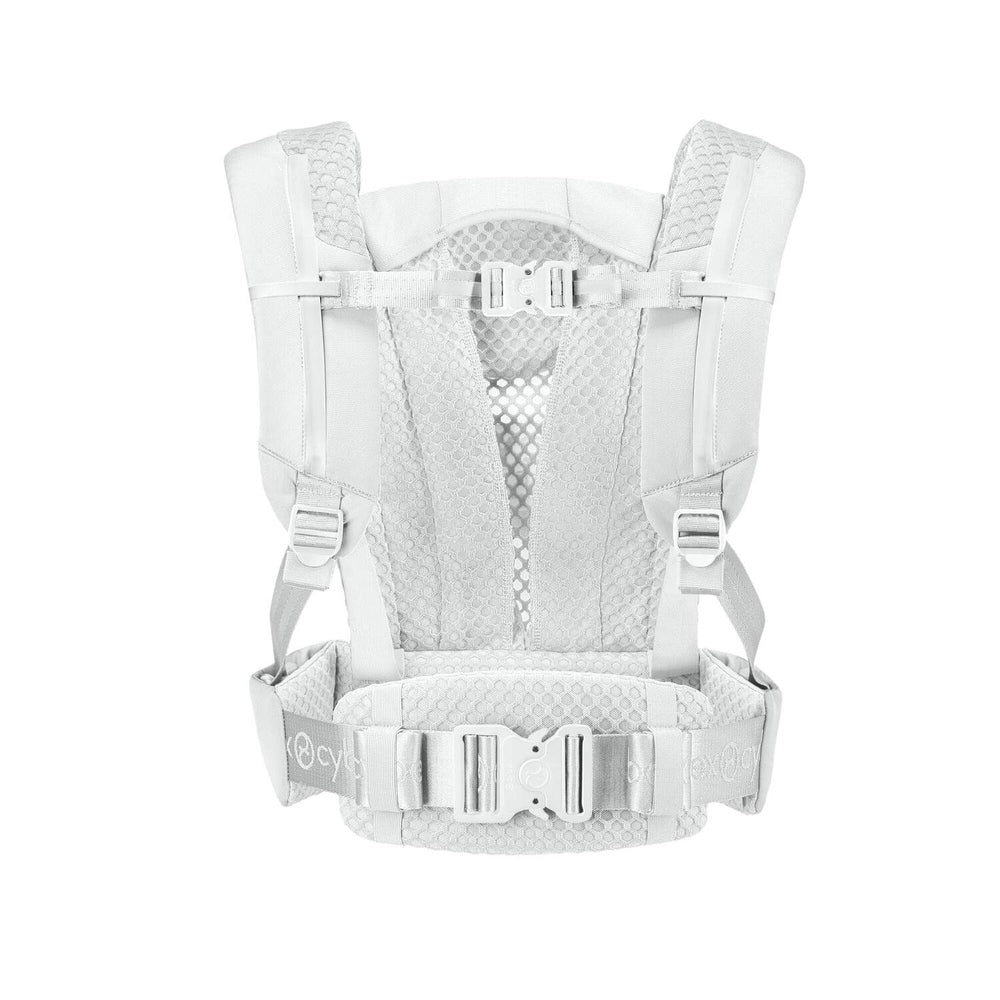 Close-up of the Cybex Coya Carrier back view, light gray with padded mesh straps and waist belt.