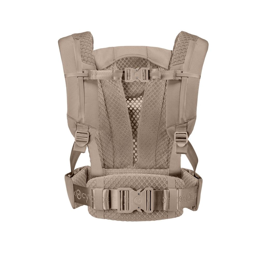 Close-up of the Cybex Coya Carrier beige cybex coya baby carrier back view with padded mesh shoulder straps and wide waist belt.