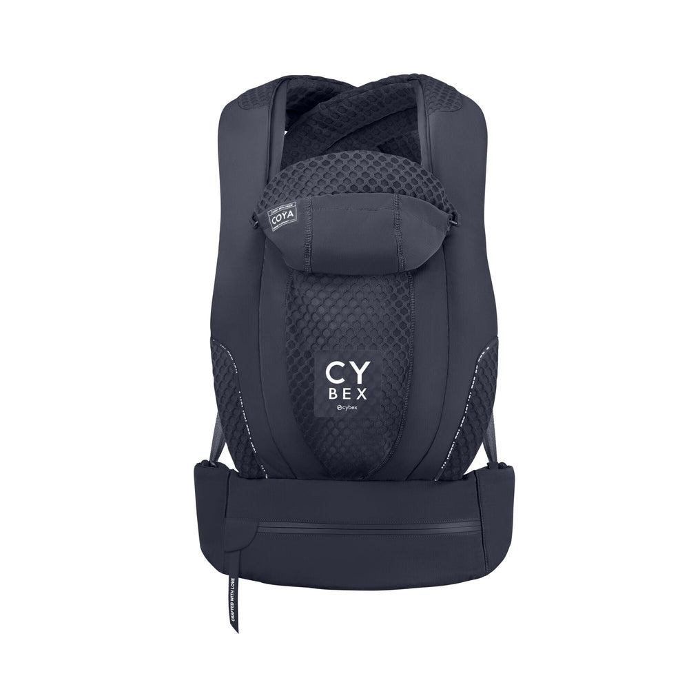 Close-up of the Cybex Coya Carrier dark navy cybex coya baby carrier with mesh back panel and padded shoulder straps.
