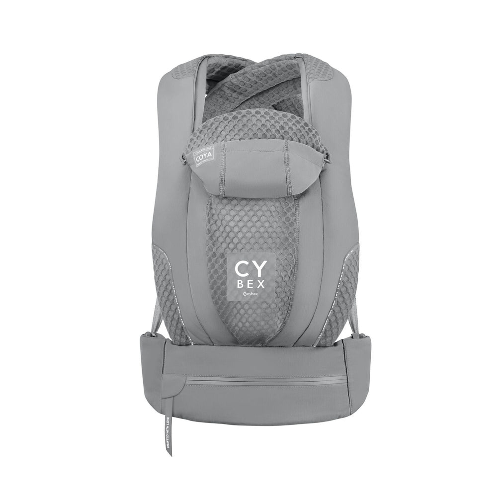 Close-up of the Cybex Coya Carrier gray cybex coya baby carrier with breathable mesh back, padded shoulder straps, and wide waist belt.
