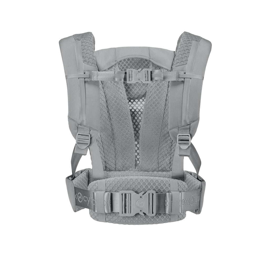 Close-up of the Cybex Coya Carrier gray cybex coya baby carrier back view with padded shoulder straps, breathable mesh back panel, and waist belt.