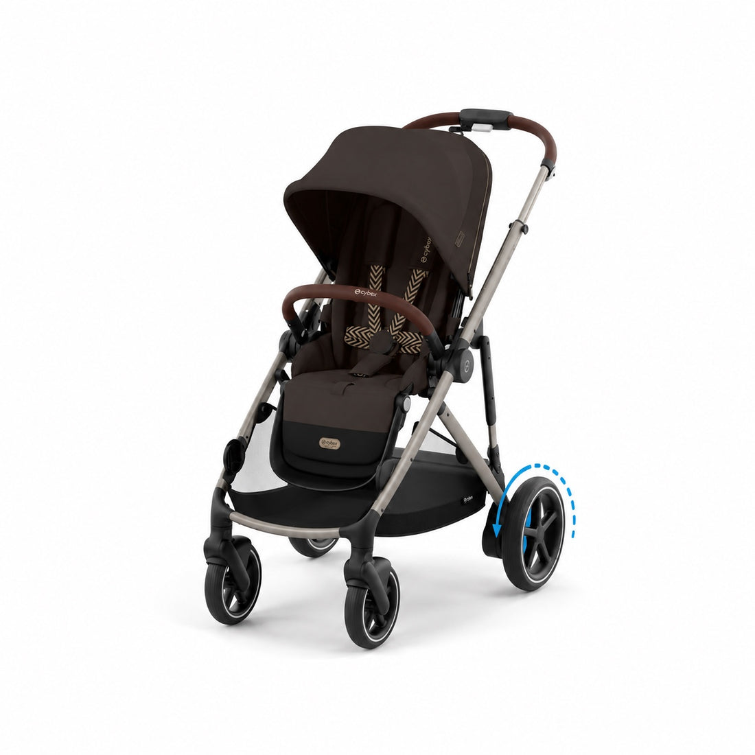 Cybex E-Gazelle S stroller in Chocolate Brown with Taupe Frame, front three-quarter view.
