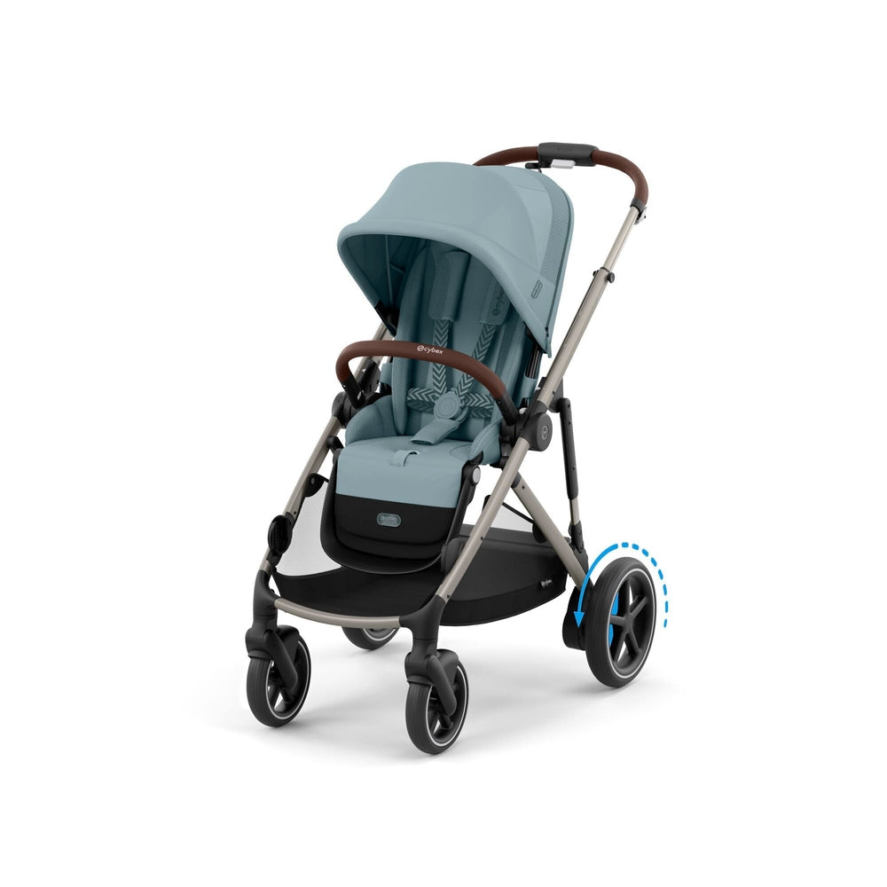 Close-up of the Cybex E-Gazelle S Stroller in teal with brown leather handlebar and aluminum frame, showcasing smooth-rolling wheels.