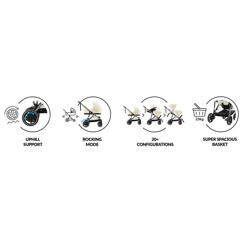 Lifestyle image of the Cybex E-Gazelle S Stroller cream finish, showing rocking mode, 20+ configurations and a 23kg basket.