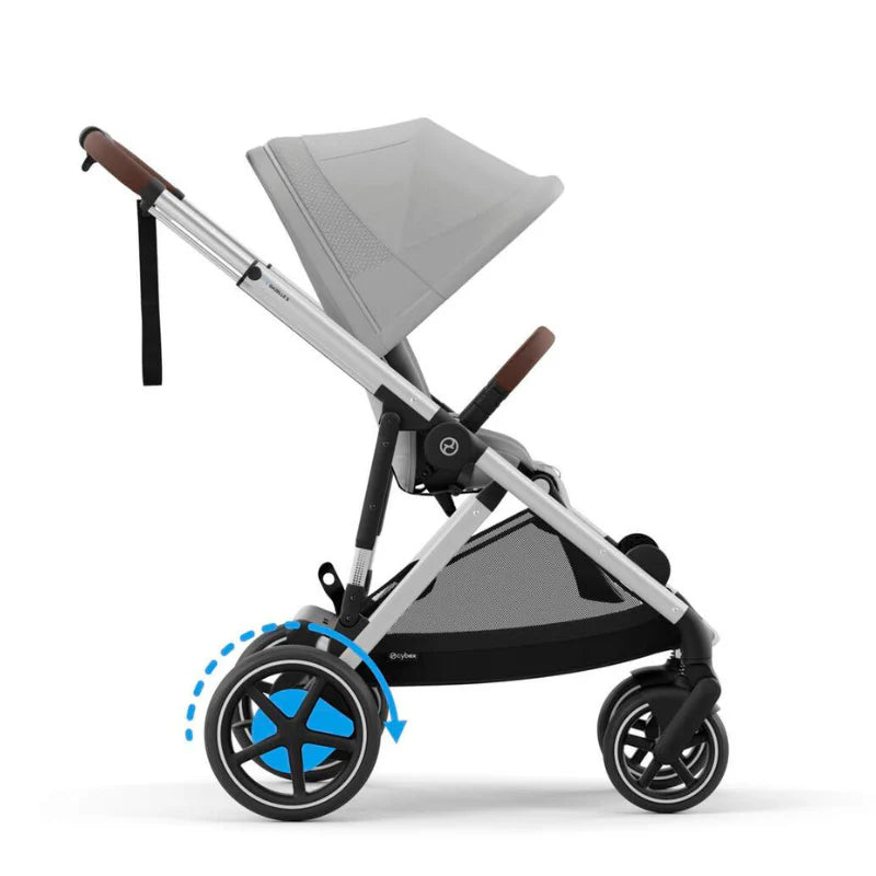 Close-up of the Cybex E-Gazelle S Stroller with gray canopy, aluminum frame and brown handles; rear wheels in motion.