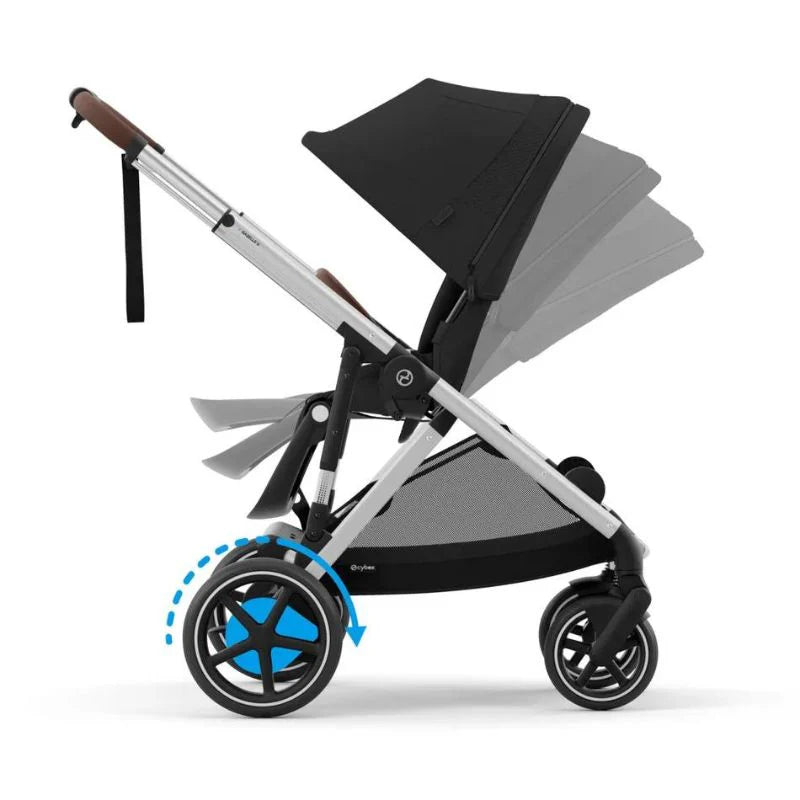 Close-up of the Cybex E-Gazelle S Stroller in black/grey with aluminum frame; rear wheels turning as the seat reclines.