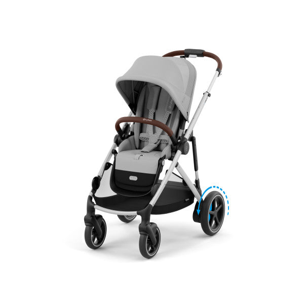 Close-up of the Cybex E-Gazelle S Stroller in gray with brown accents; four wheels roll smoothly, rear wheel highlighted.