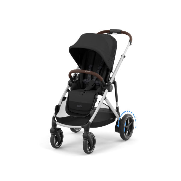 Close-up of the Cybex E-Gazelle S Stroller in black with gray frame and brown leatherette handlebar, standing ready.