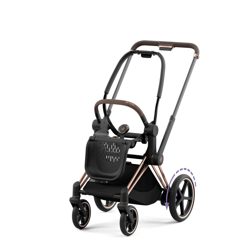 Feature graphic showing the Cybex E-Priam 4 Frame with rose gold accents and wheel rotation detail, angled front view.