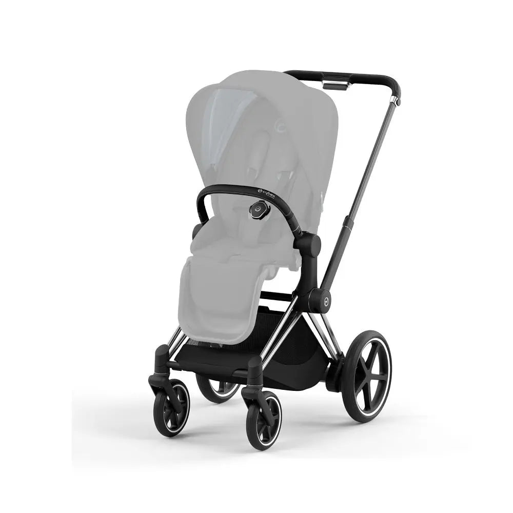Close-up of the Cybex E-Priam 4 Frame with four wheels and adjustable handlebar.