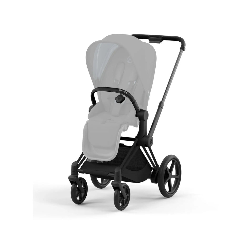 Close-up of the Cybex E-Priam 4 Frame stroller chassis in black with large wheels and adjustable handle, gray canopy attached.