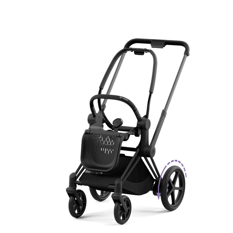 Feature graphic showing the Cybex E-Priam 4 Frame with wheel rotation detail, front three-quarter view on white background.
