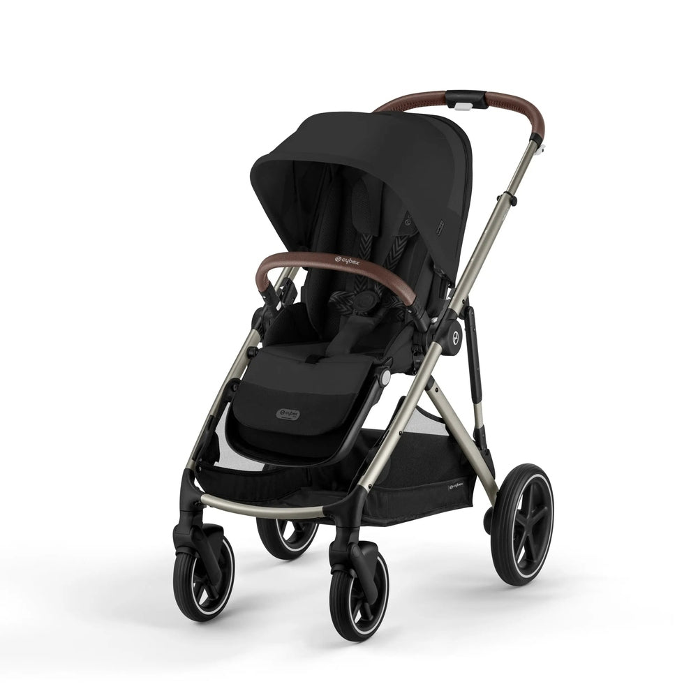 Close-up of the Cybex Gazelle S V2 Stroller in black with tan leatherette handlebar, canopy up and roomy seat.