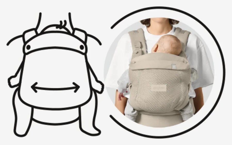 An image of the CYBEX Gold Amya Carrier Baby Carrier, highlighting the Self-Adapting Fabric feature.