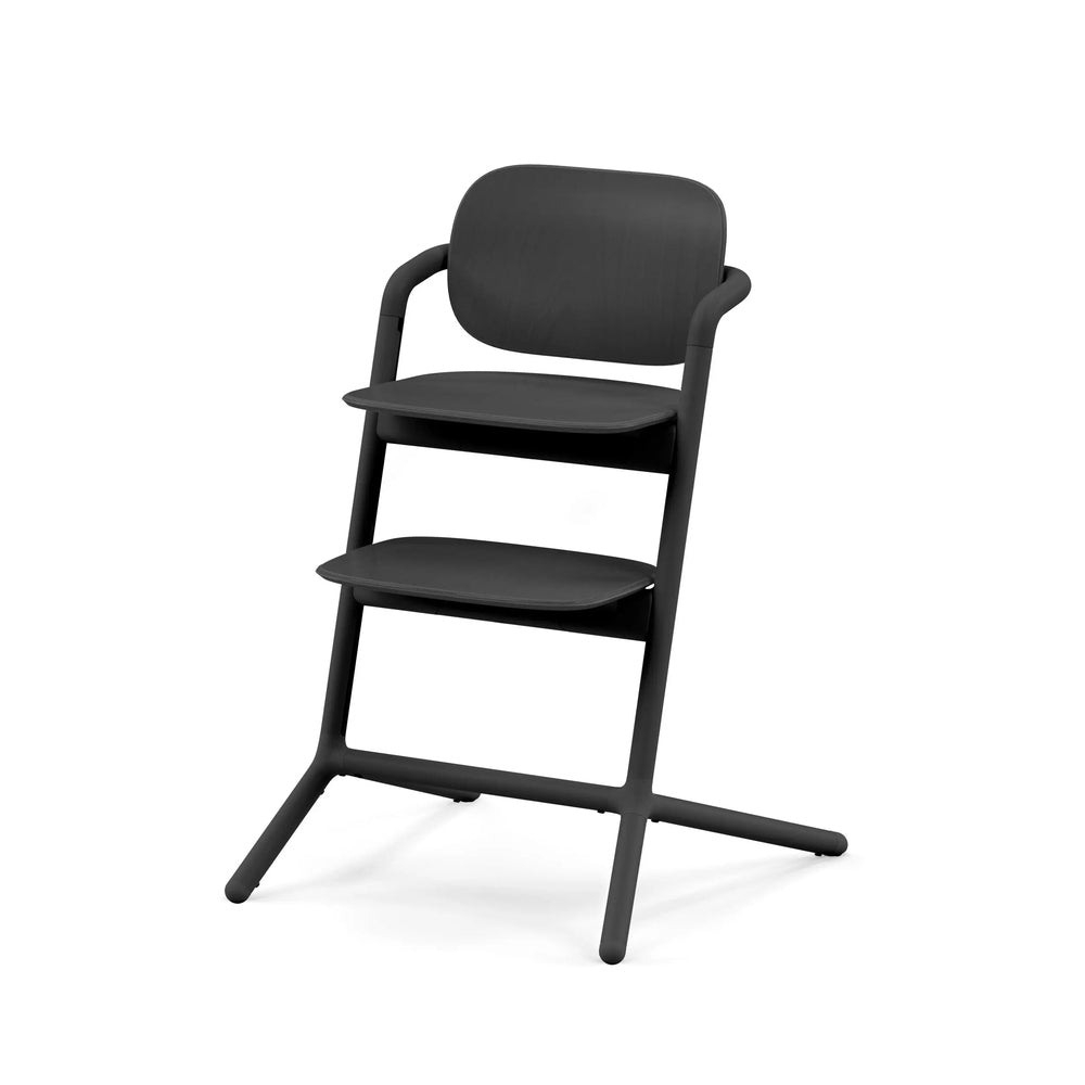 Studio product image of the Cybex Lemo 2 Chair in dark gray with two-tier tray system and curved armrests.