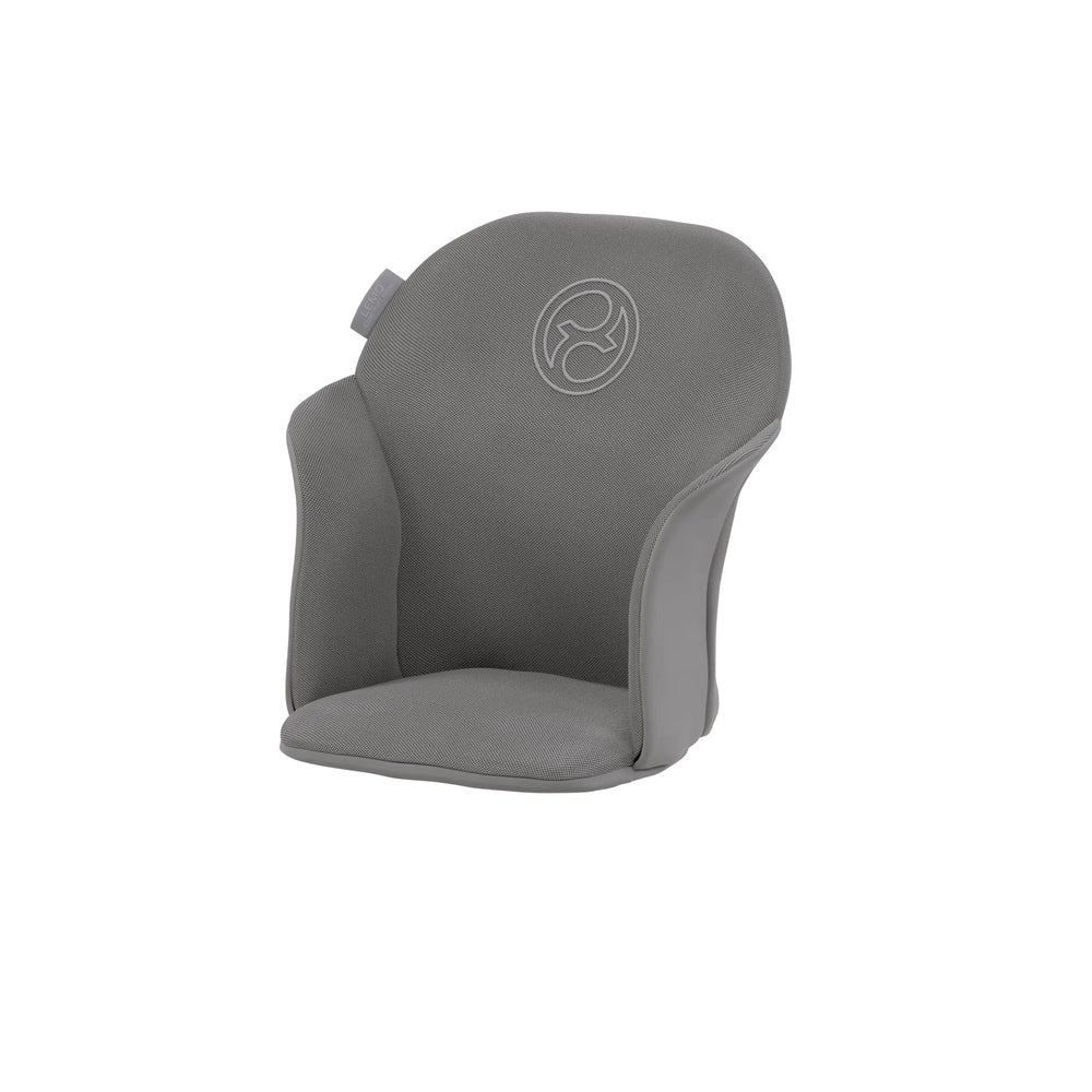 Close-up of the Cybex Lemo 2 Comfort Inlay high chair cushion in grey fabric, shown attached to a chair for baby comfort.