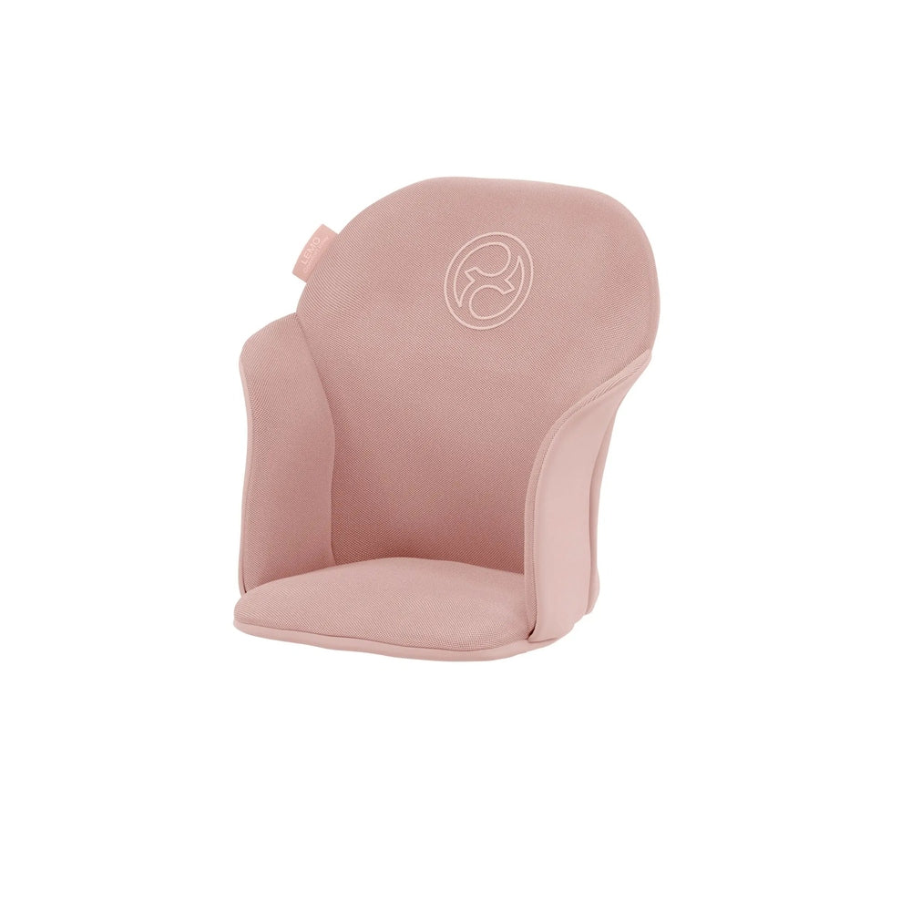 Lifestyle image of the Cybex Lemo 2 Comfort Inlay pink high chair cushion shows soft padding installed for baby's comfort.