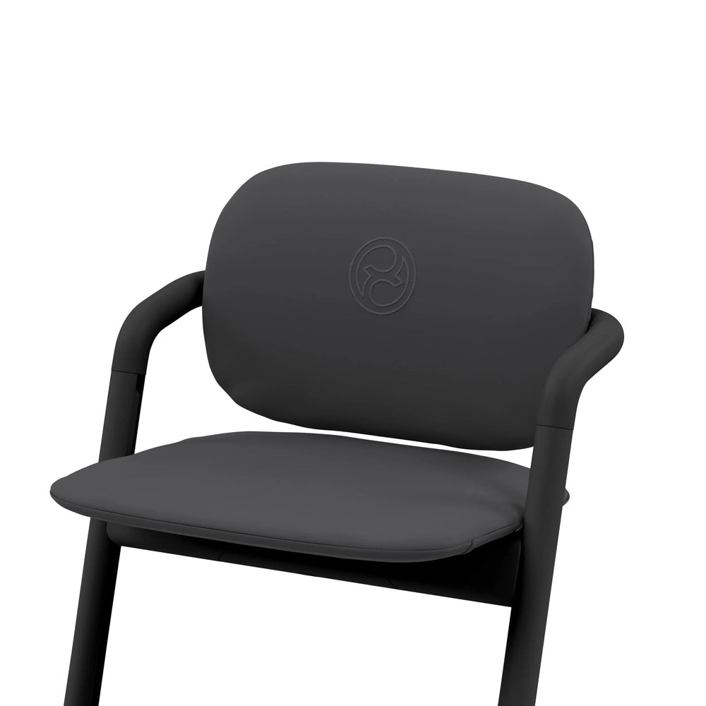 Close-up of the Cybex Lemo 2 Comfort Inlay high chair cushion in dark gray, strapped to the chair with padded backrest.