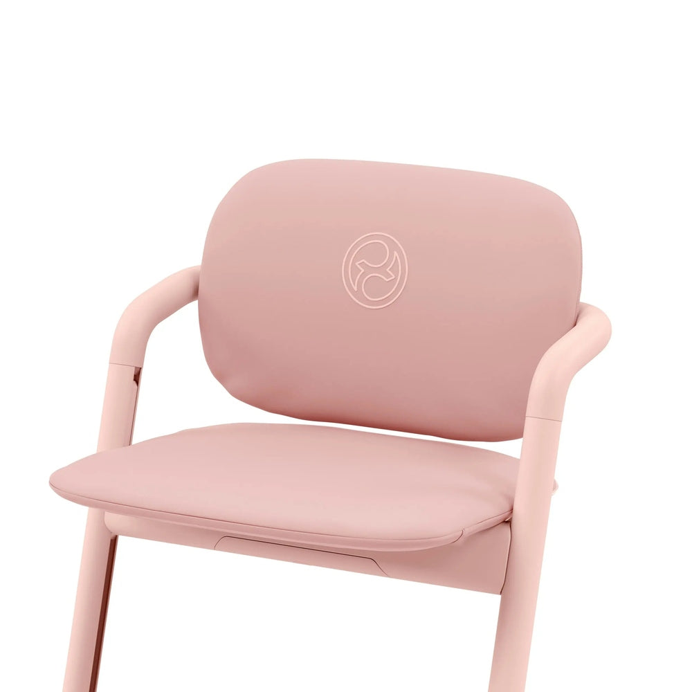 Studio product image of the Cybex Lemo 2 Comfort Inlay with pink cushioned high chair seat and backrest attached to the chair.
