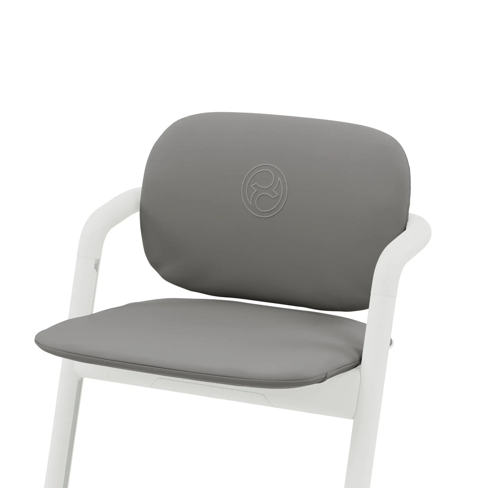 Studio product image of the Cybex Lemo 2 Comfort Inlay with high chair cushions in grey; padded backrest and seat pad secured to a white frame.