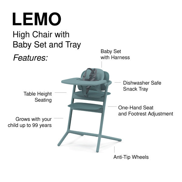 Lifestyle image of the Cybex Lemo 2 High Chair 3-In-1 Set in teal; child secured in harness at the adjustable snack tray.