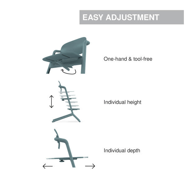 Feature graphic showing the Cybex Lemo 2 High Chair 3-In-1 Set in blue-gray, showing one-handed tool-free adjustment, with adjustable height and depth.