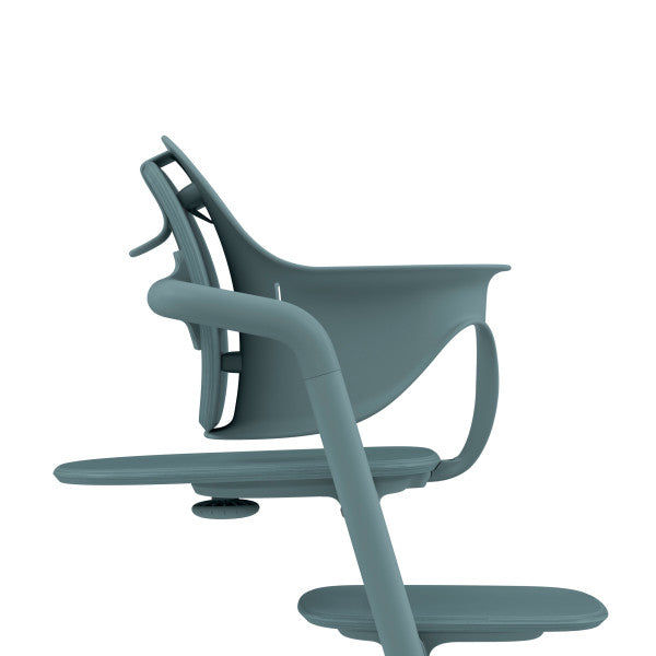 Feature graphic showing the Cybex Lemo 2 High Chair 3-In-1 Set in blue, side view showing its stable frame, armrests, and contoured seat.